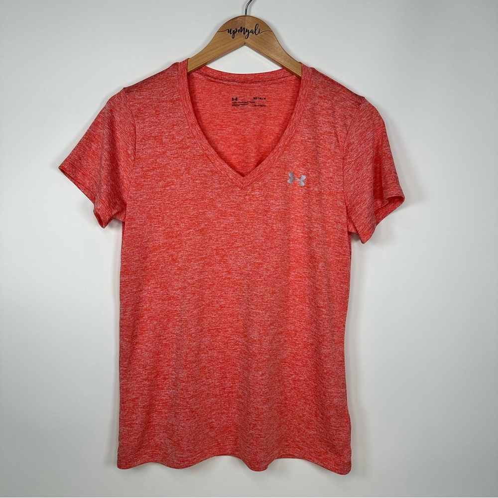 Under Armour Loose Fit Heat Gear V-Neck Short Sleeve Gym Tee Orange Size Medium
